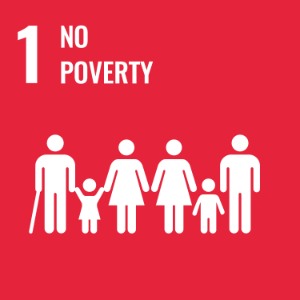 No Poverty, represented by a family with children on a red background