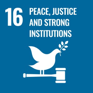 UN Sustainable Development Goal 16: Peace, Justice, and Strong Institutions, represented by a dove holding an olive branch and a gavel on a blue background