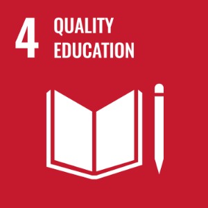 UN Sustainable Development Goal 4: Quality Education, represented by an open book and pencil on a red background