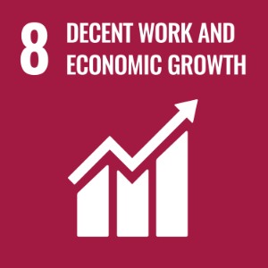 UN Sustainable Development Goal 8: Decent Work and Economic Growth, represented by a graph with an upward arrow on a dark red background