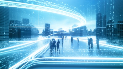Futuristic cityscape with people and light trails